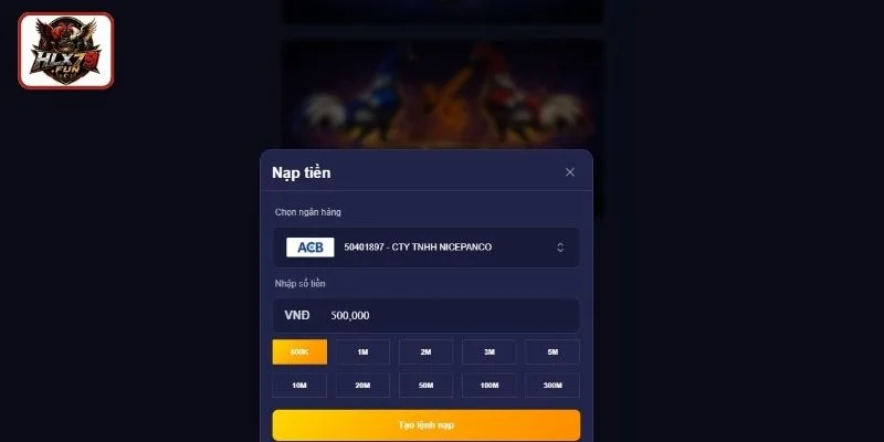Điền hoặc chọn số tiền muốn nạp tại hệ thống